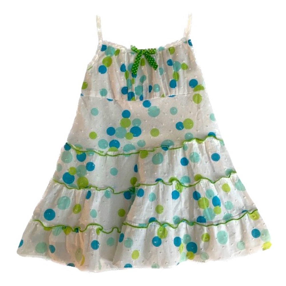 Bonnie Baby White with Blue, Green and Aqua Polka Dots Tiered Sundress. 12m